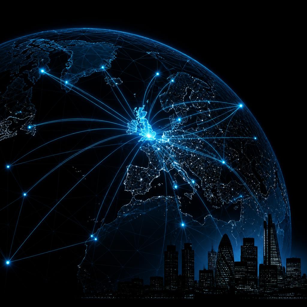 Illuminated global trade network converging on the United Kingdom